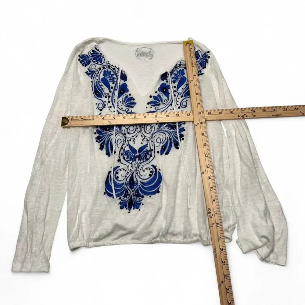 Ins Beach Y2K Sequin Beaded 100% Linen Light Weight Soft Long Sleeve Top Size L - Picture 3 of 5